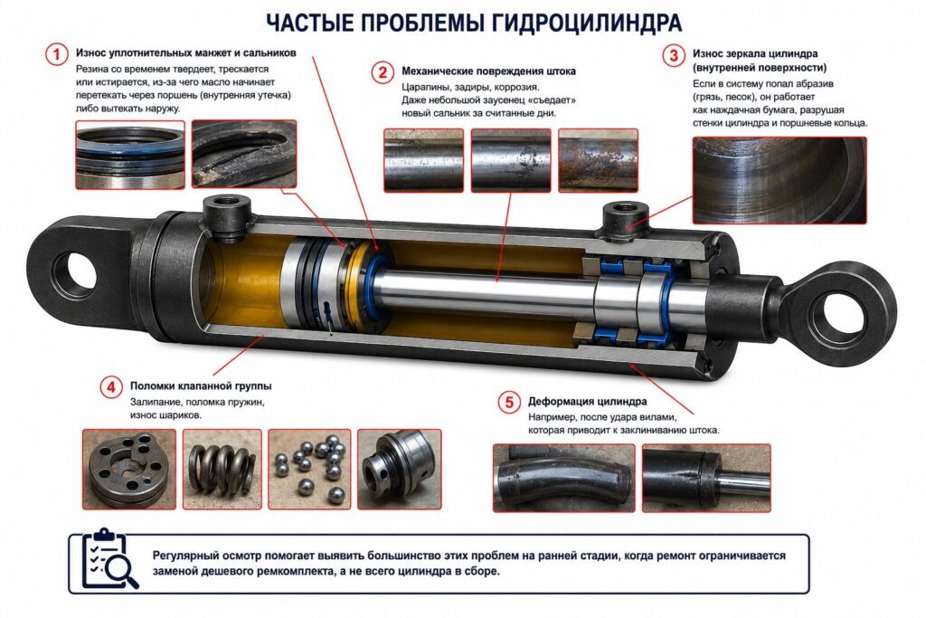 Основные поломки гидроцилиндра