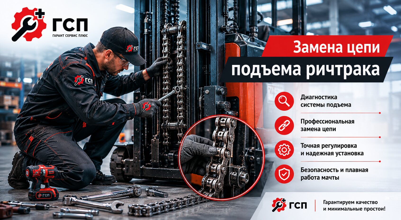 Замена цепи подъема ричтрака — безопасная работа мачты без простоев