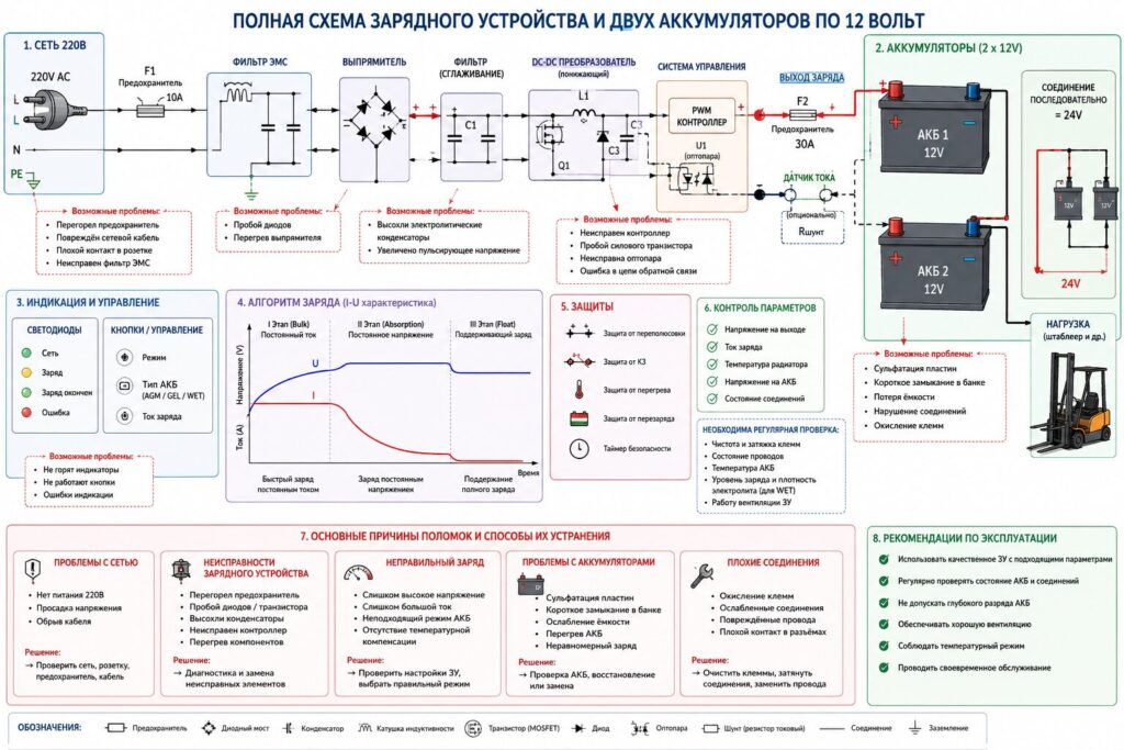 Схема зарядного устройства и аккумуляторов штабеллера